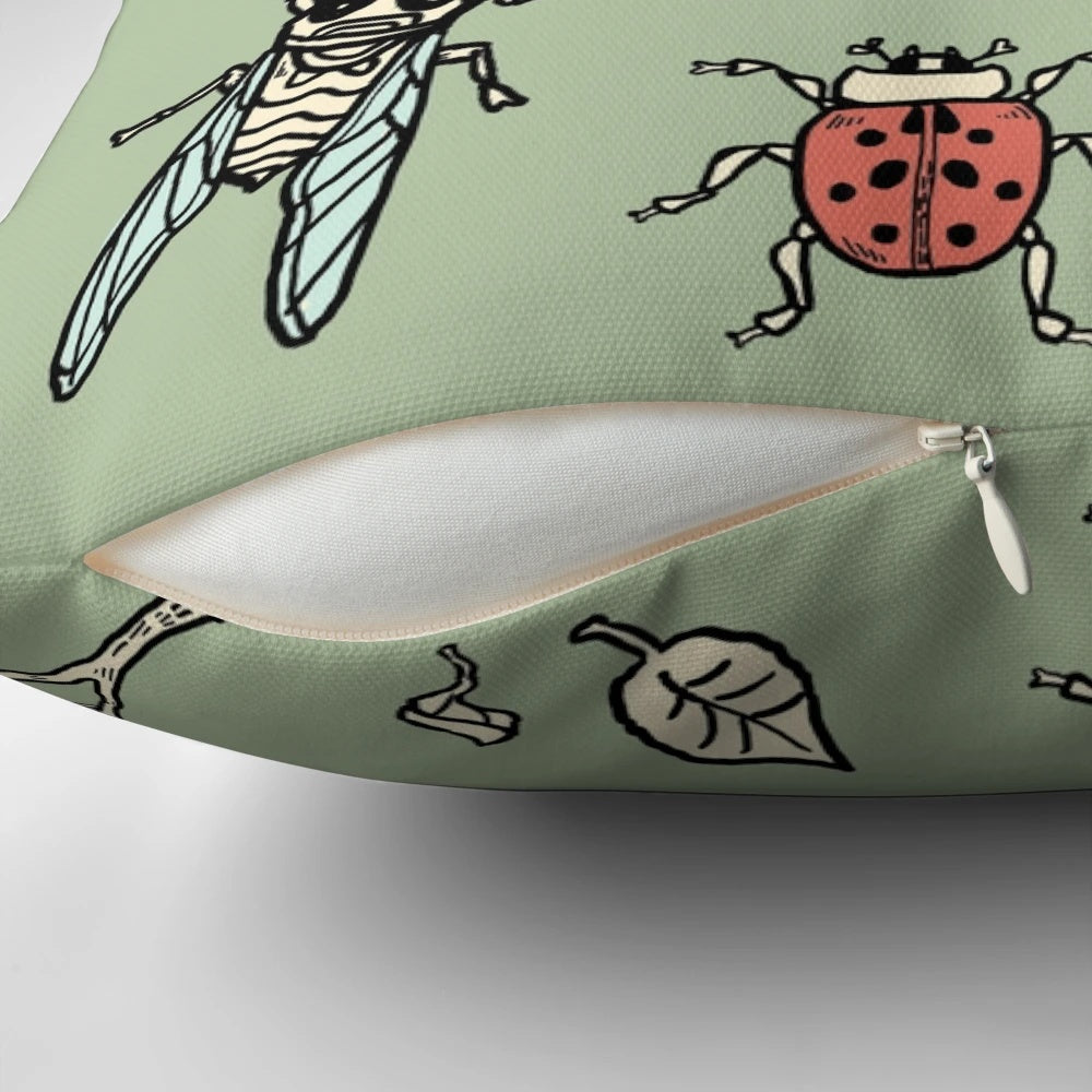A whimsical throw pillow featuring a playful design with various bugs and insects, promoting environmental awareness and nature conservation.