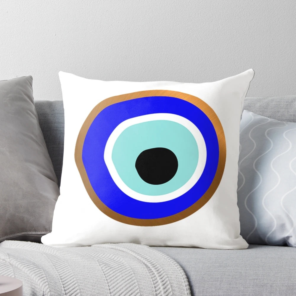 Decorative evil eye protection pillow with gold and blue design