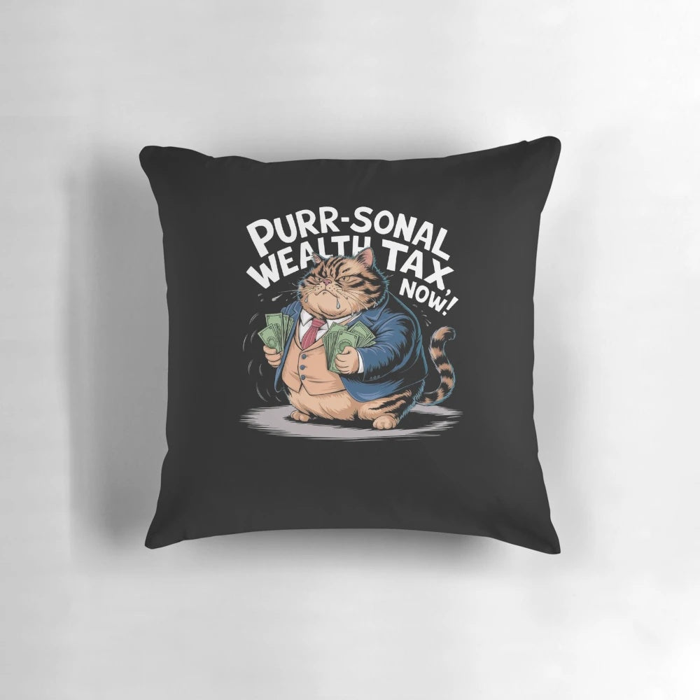Plush pillow featuring a satirical illustration of a fat cat, representing wealth inequality and the need for a wealth tax.