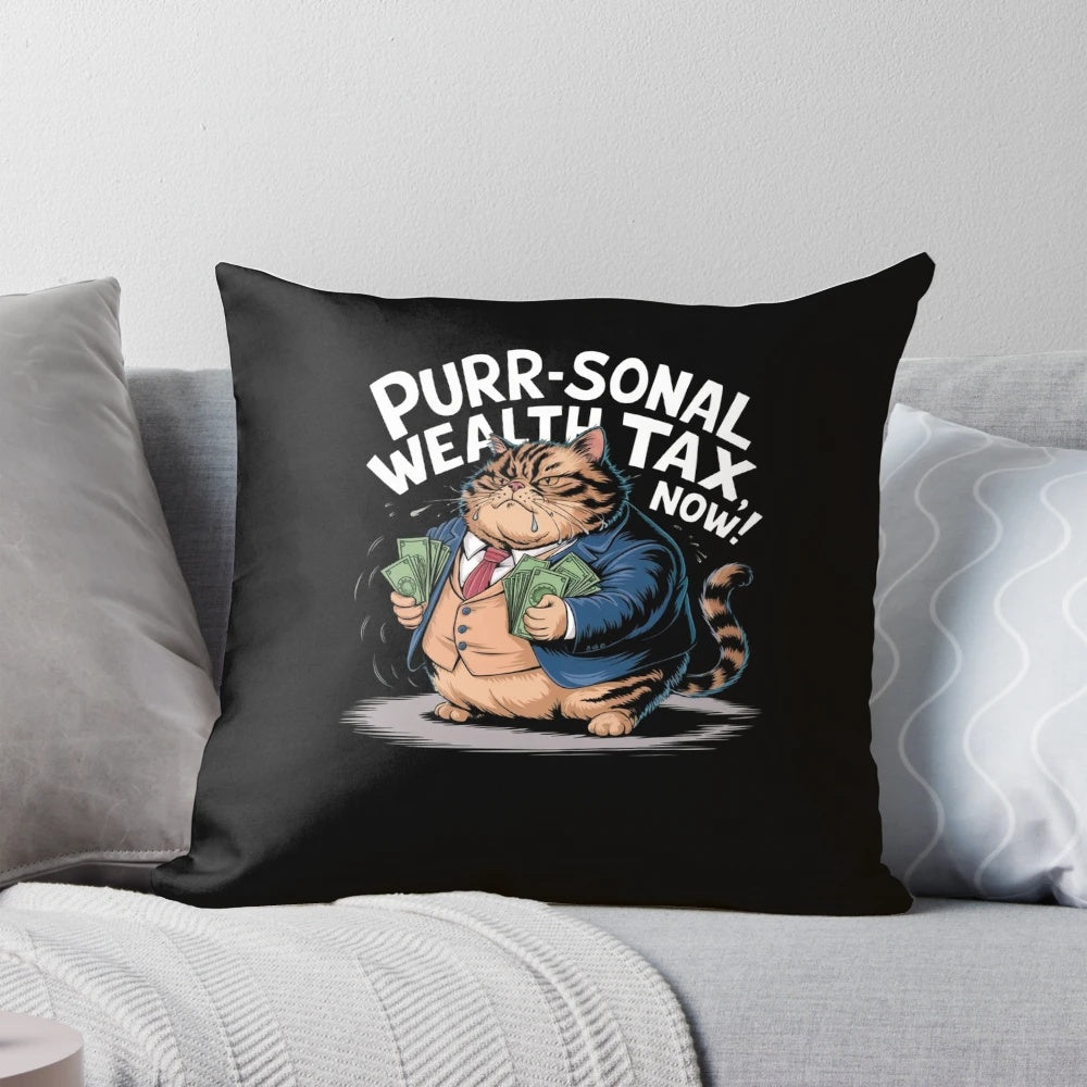 Plush pillow featuring a satirical illustration of a fat cat, representing wealth inequality and the need for a wealth tax.
