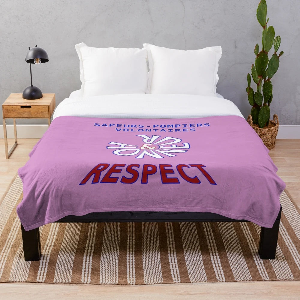 Plush blanket featuring the text "Volunteer Firefighters Honor and Respect" with firefighter-themed imagery