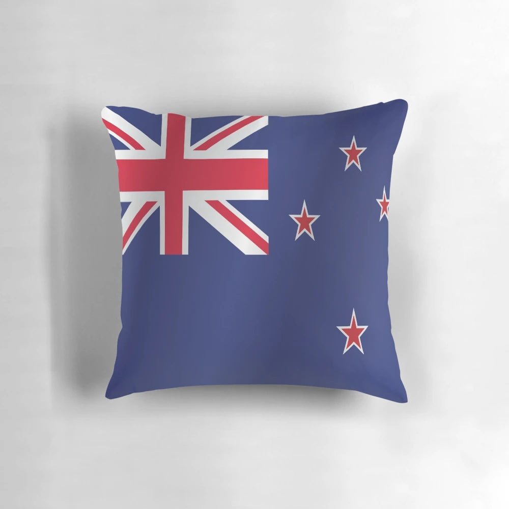 A soft, comfortable pillow featuring the waving flag of New Zealand, the national flag of the Oceania country.