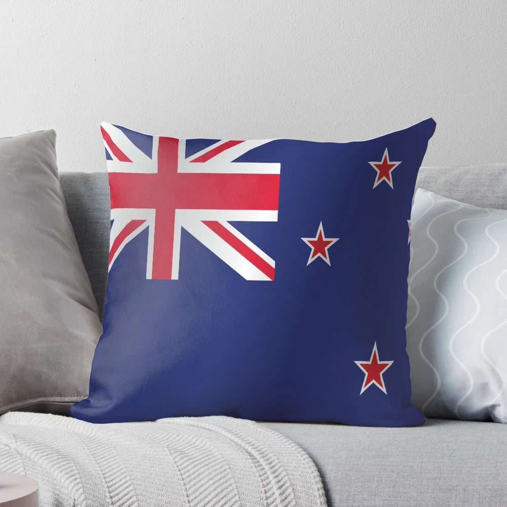 A soft, comfortable pillow featuring the waving flag of New Zealand, the national flag of the Oceania country.