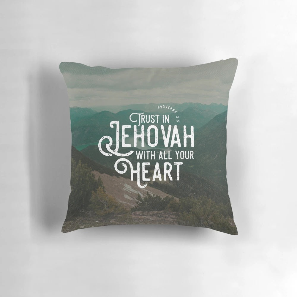 Proverbs 3:5 Bible verse printed on a plush, decorative throw pillow for JW homes and ministry