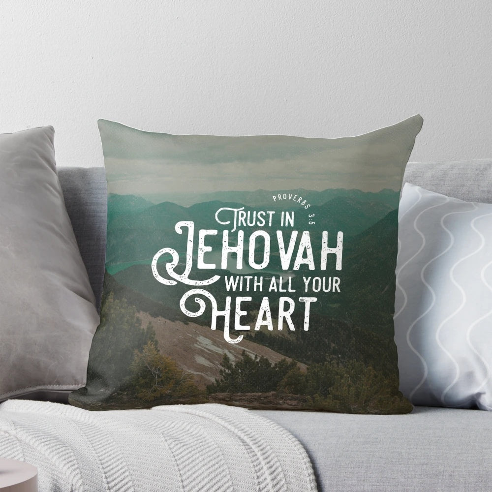 Proverbs 3:5 Bible verse printed on a plush, decorative throw pillow for JW homes and ministry