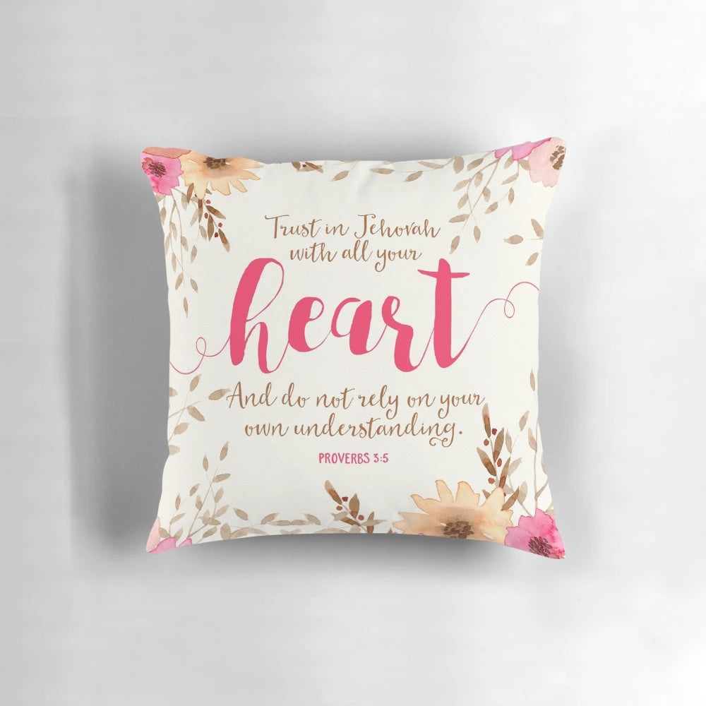 "Proverbs 3:5 Bible verse decorative pillow with white text on a neutral background"