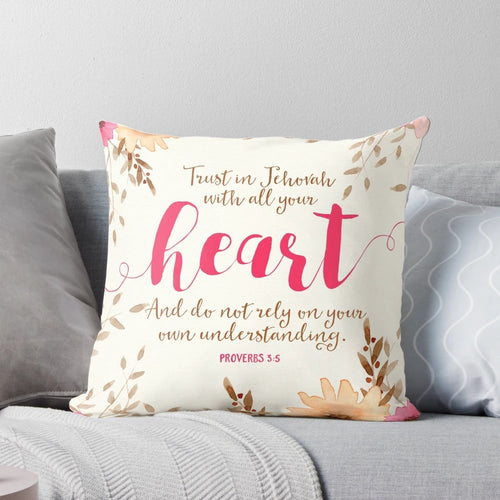 "Proverbs 3:5 Bible verse decorative pillow with white text on a neutral background"