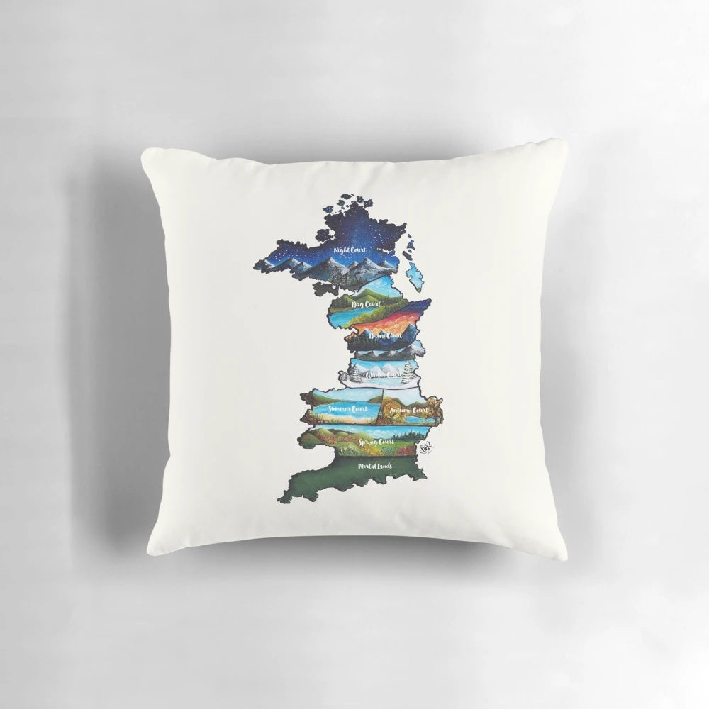 Prythian-themed throw pillow featuring characters from the A Court of Thorns and Roses series by Sarah J. Maas