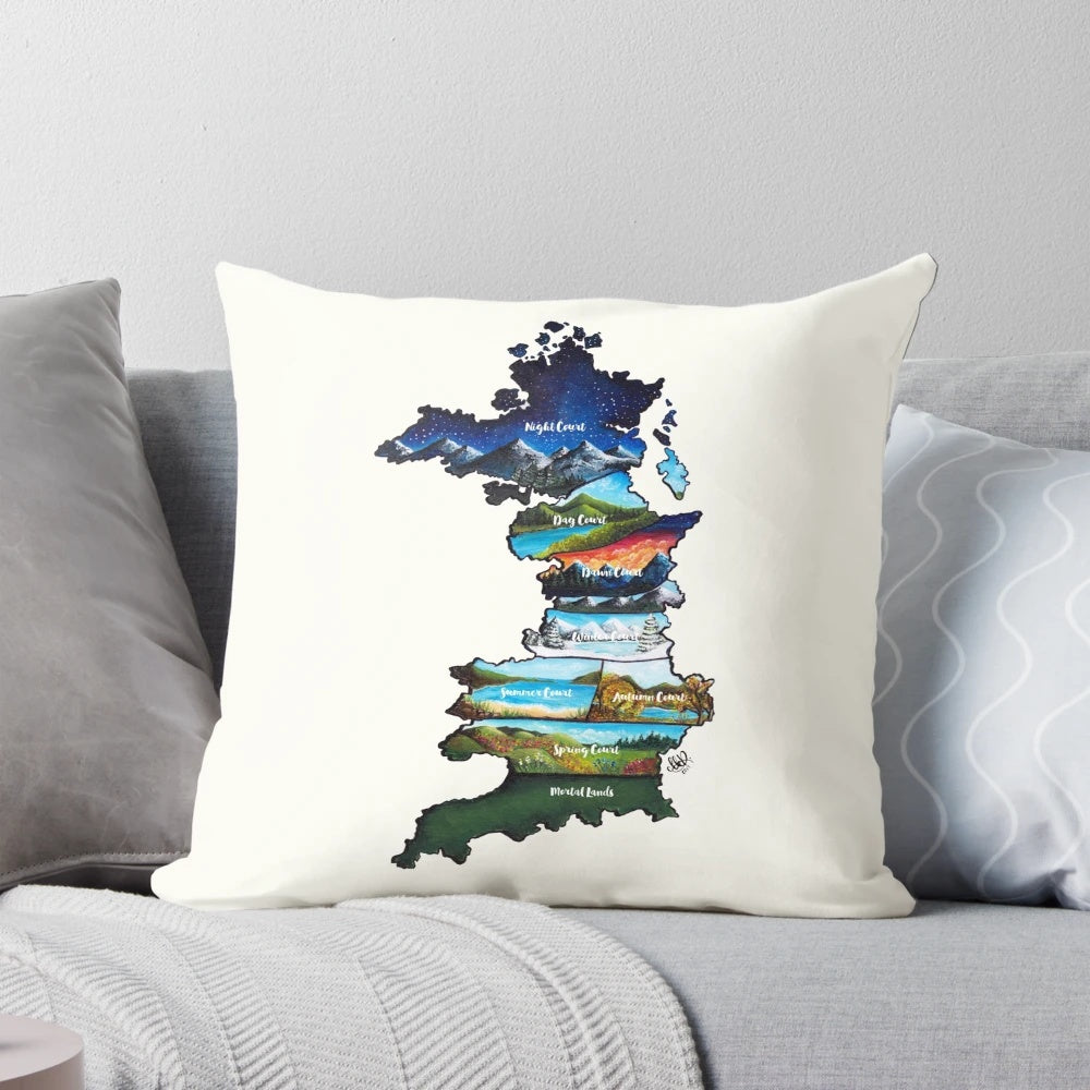 Prythian-themed throw pillow featuring characters from the A Court of Thorns and Roses series by Sarah J. Maas