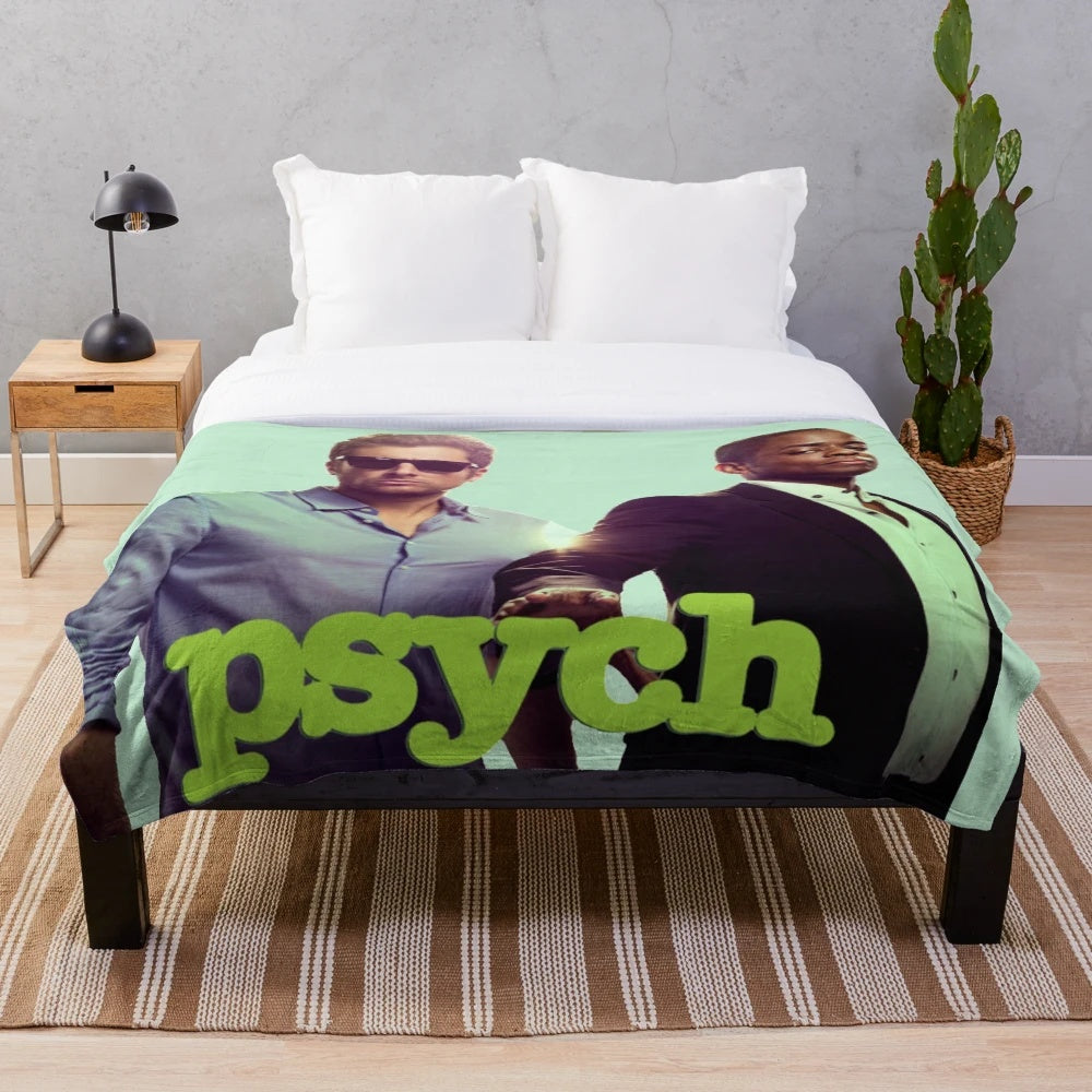 Soft, cozy plush blanket featuring Psych TV show design