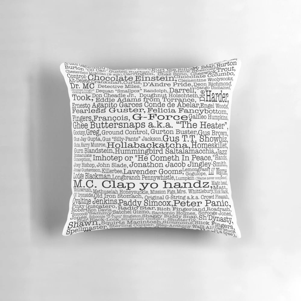 Psych TV show poster featuring Burton Guster's nicknames on a comfortable pillow