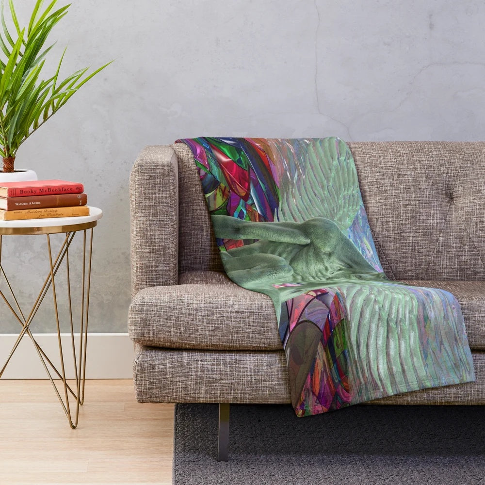 Colorful psychedelic plush blanket featuring an alien with wings in a trippy, boho design