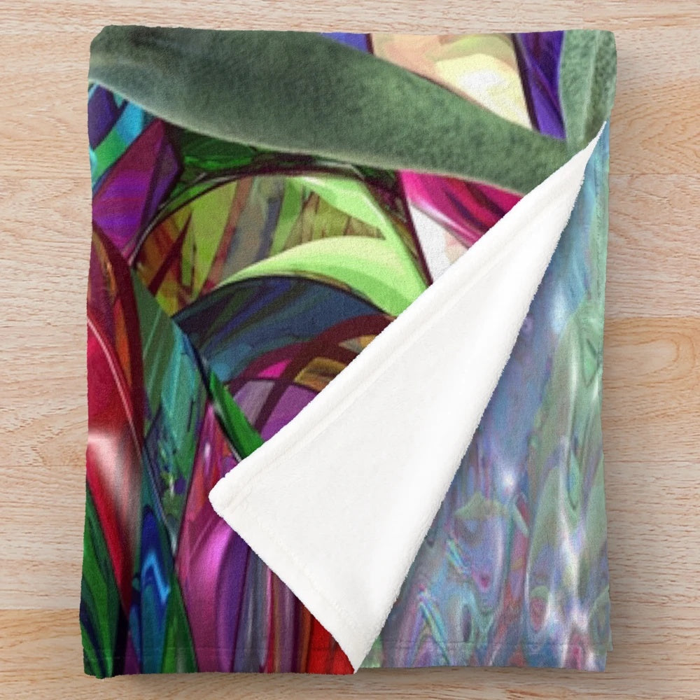Colorful psychedelic plush blanket featuring an alien with wings in a trippy, boho design