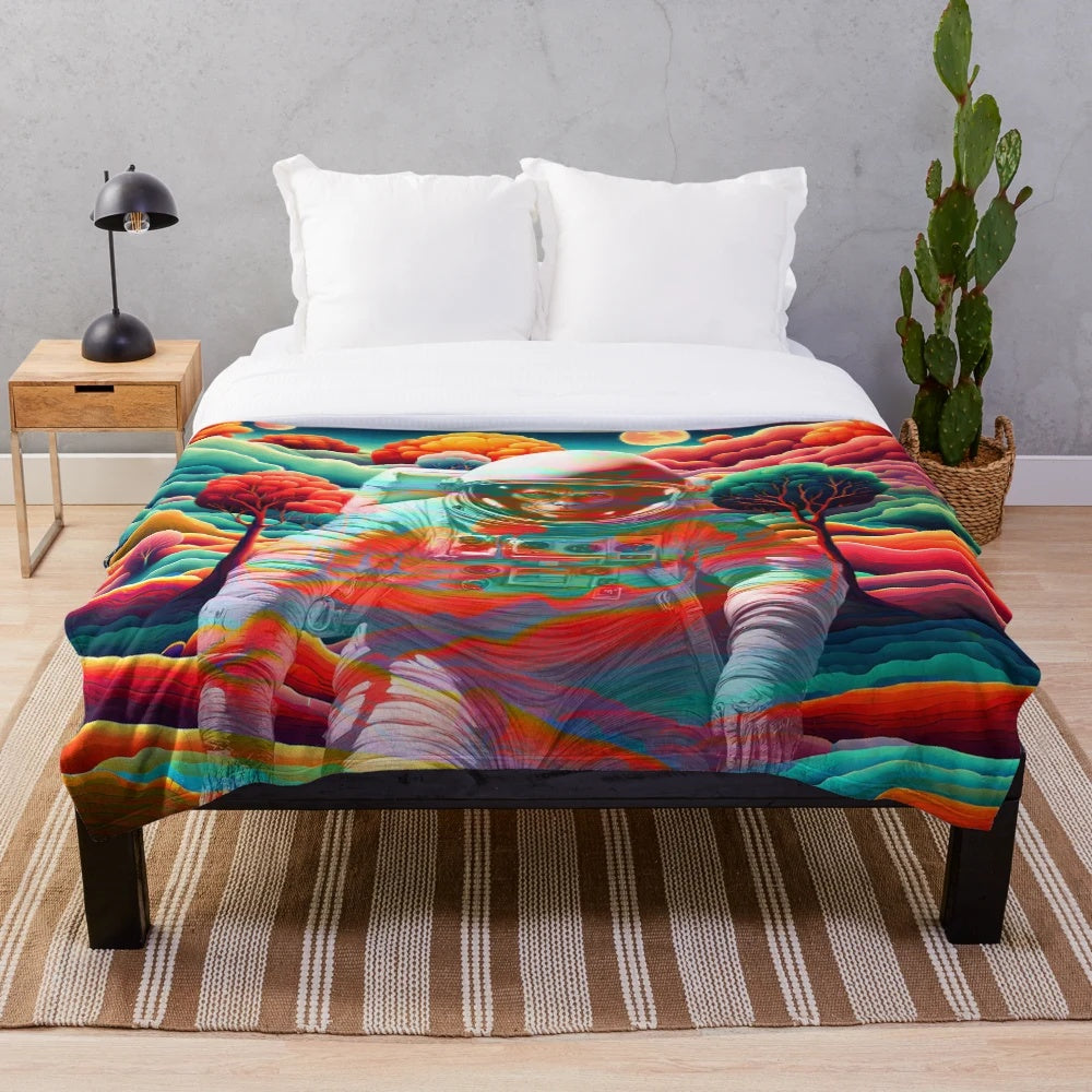 Colorful psychedelic plush blanket featuring an astronaut design in a retro-futuristic style