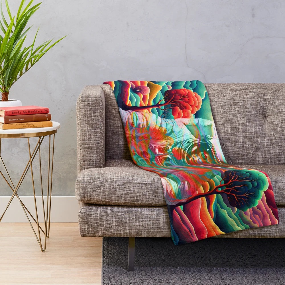 Colorful psychedelic plush blanket featuring an astronaut design in a retro-futuristic style