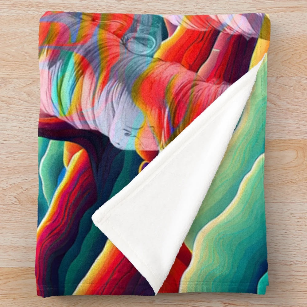 Colorful psychedelic plush blanket featuring an astronaut design in a retro-futuristic style