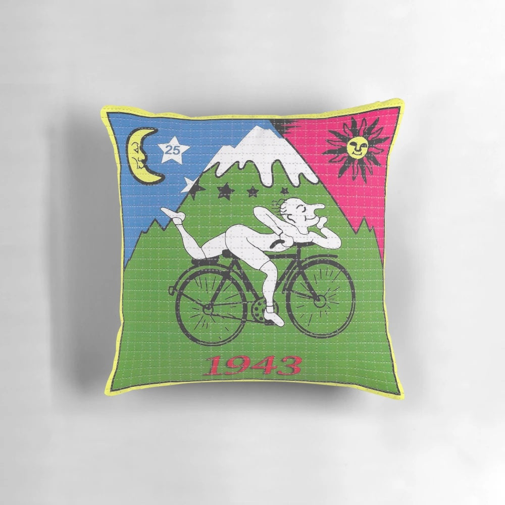 Psychedelic pillow featuring LSD and Bicycle Day design
