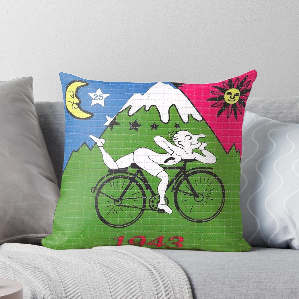 Psychedelic pillow featuring LSD and Bicycle Day design