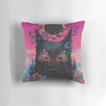 Vibrant black eyed dog throw pillow with psychedelic neon floral design