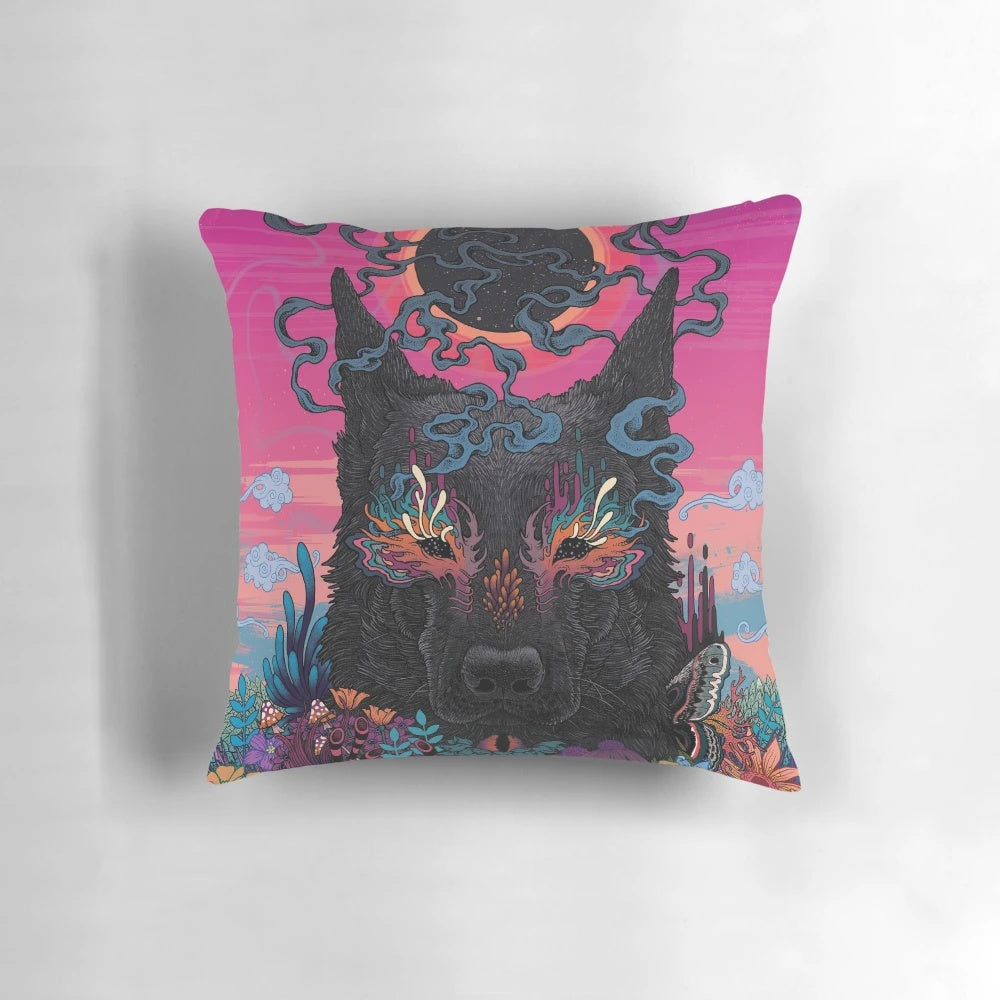 Vibrant black eyed dog throw pillow with psychedelic neon floral design