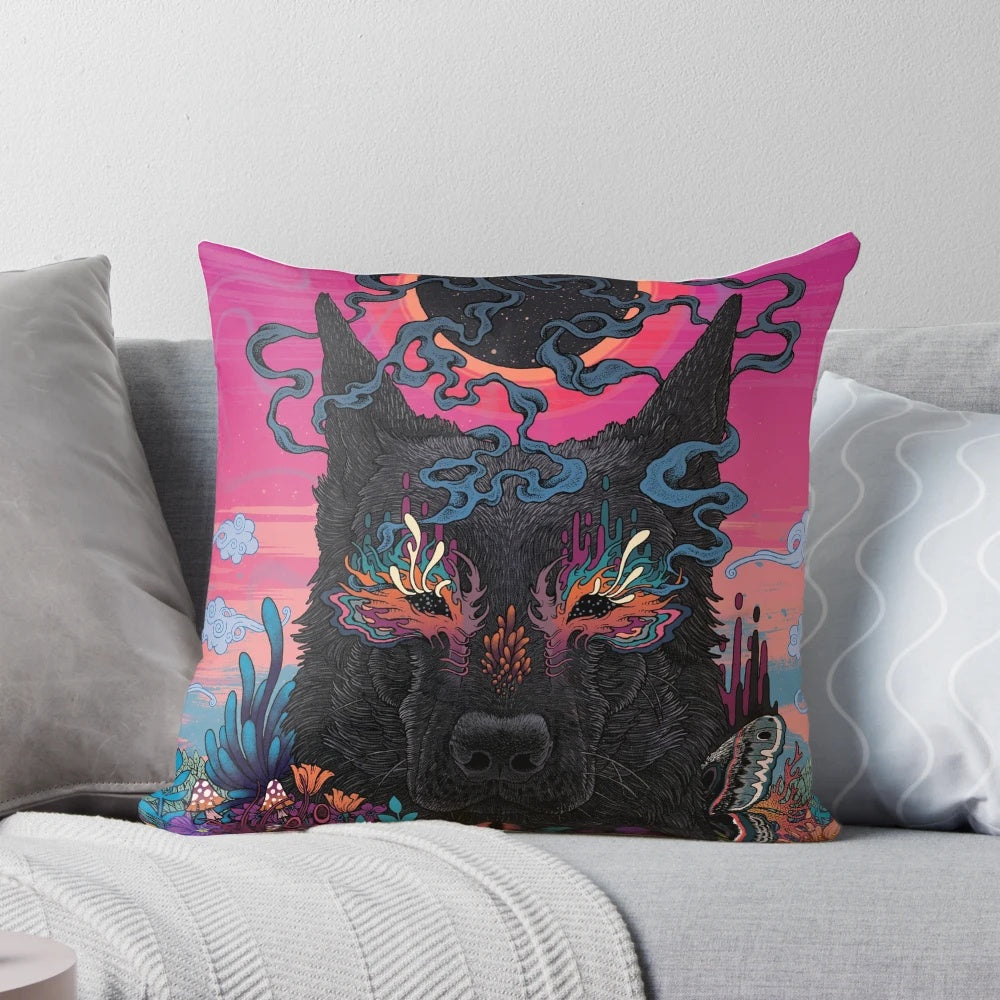 Vibrant black eyed dog throw pillow with psychedelic neon floral design