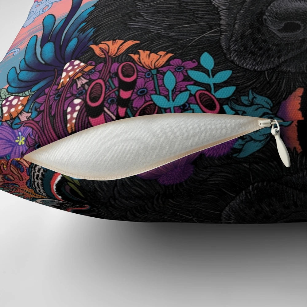 Vibrant black eyed dog throw pillow with psychedelic neon floral design