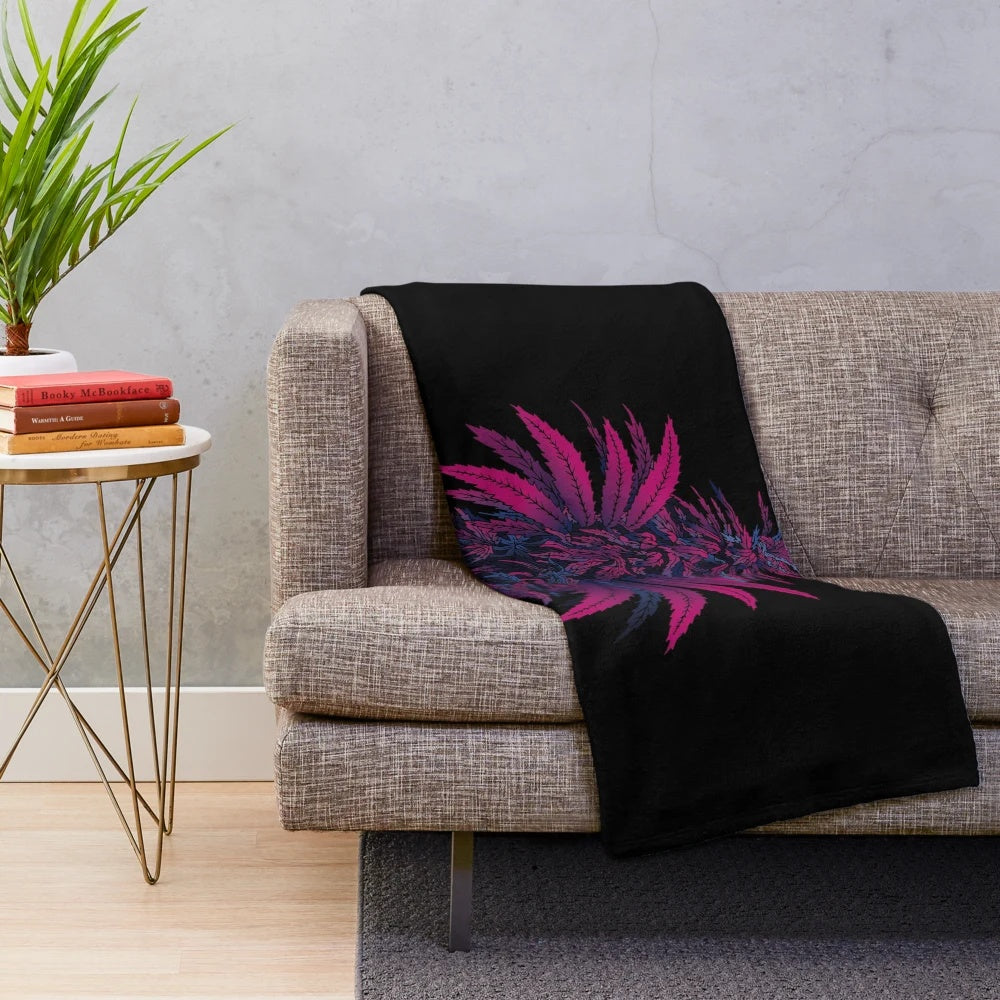 Colorful psychedelic plush blanket with cannabis leaf and trippy patterns