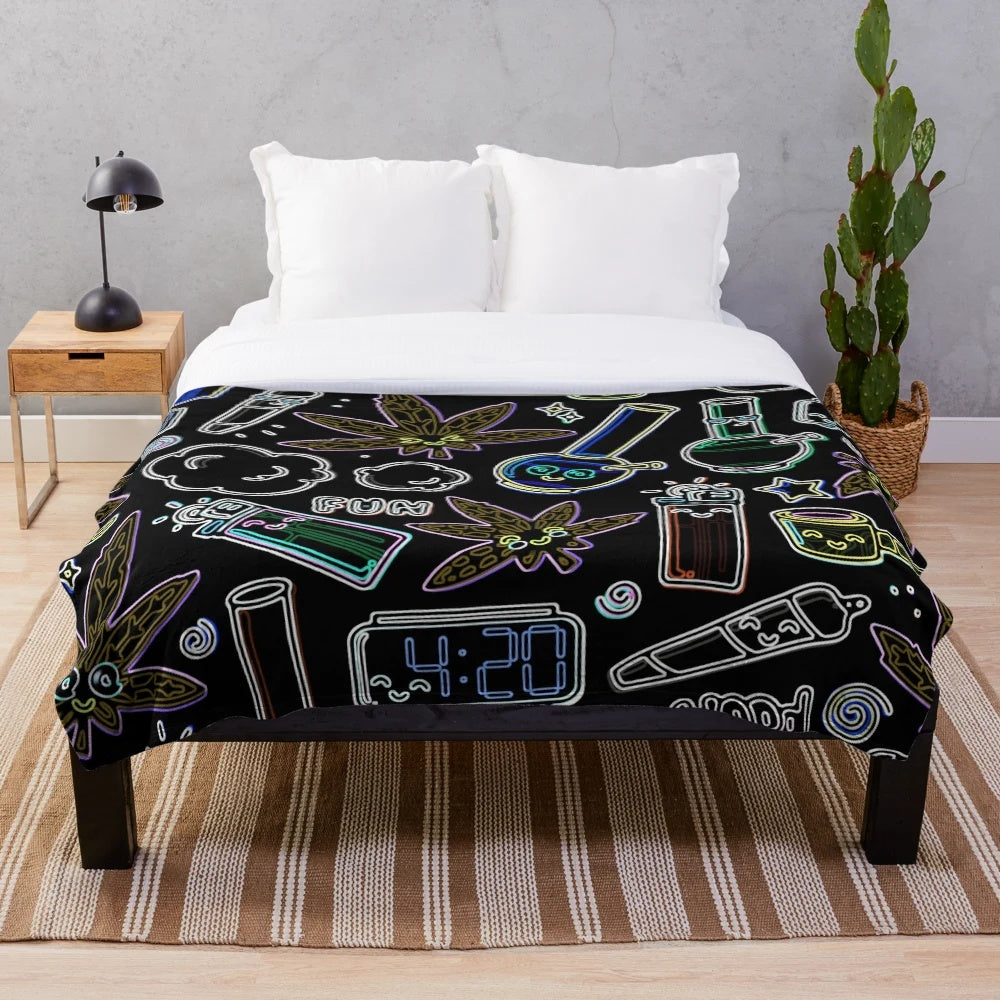 Psychedelic cannabis print plush blanket with dark chalkboard background