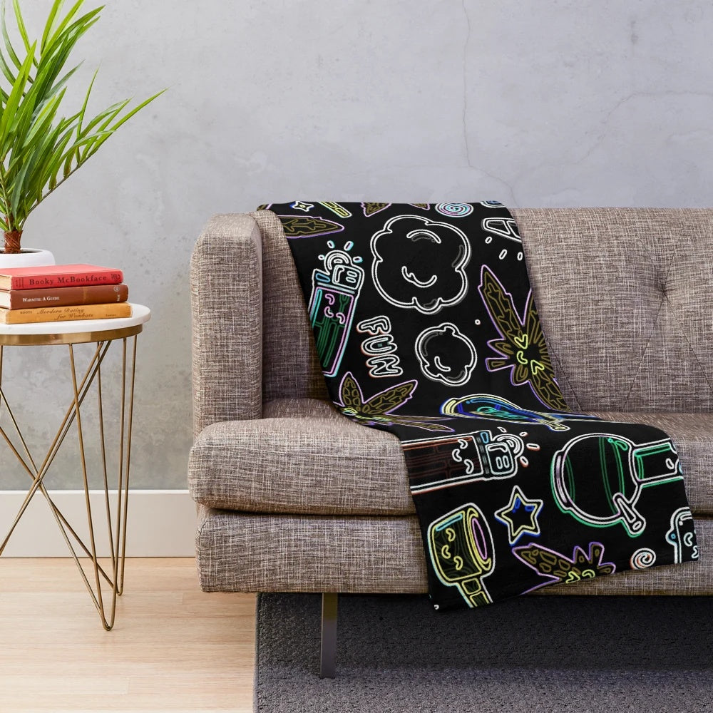 Psychedelic cannabis print plush blanket with dark chalkboard background
