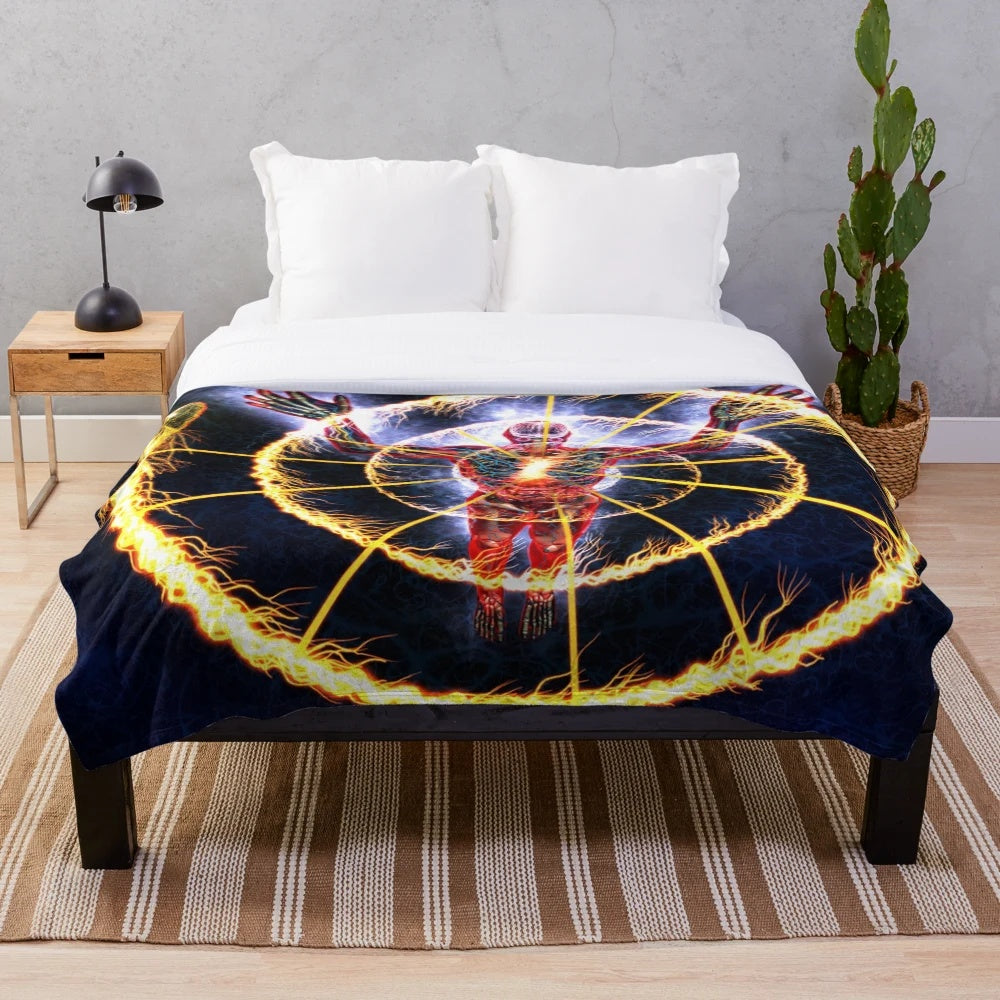 Psychedelic circle design plush blanket featuring Alex Grey-inspired cosmic aura imagery