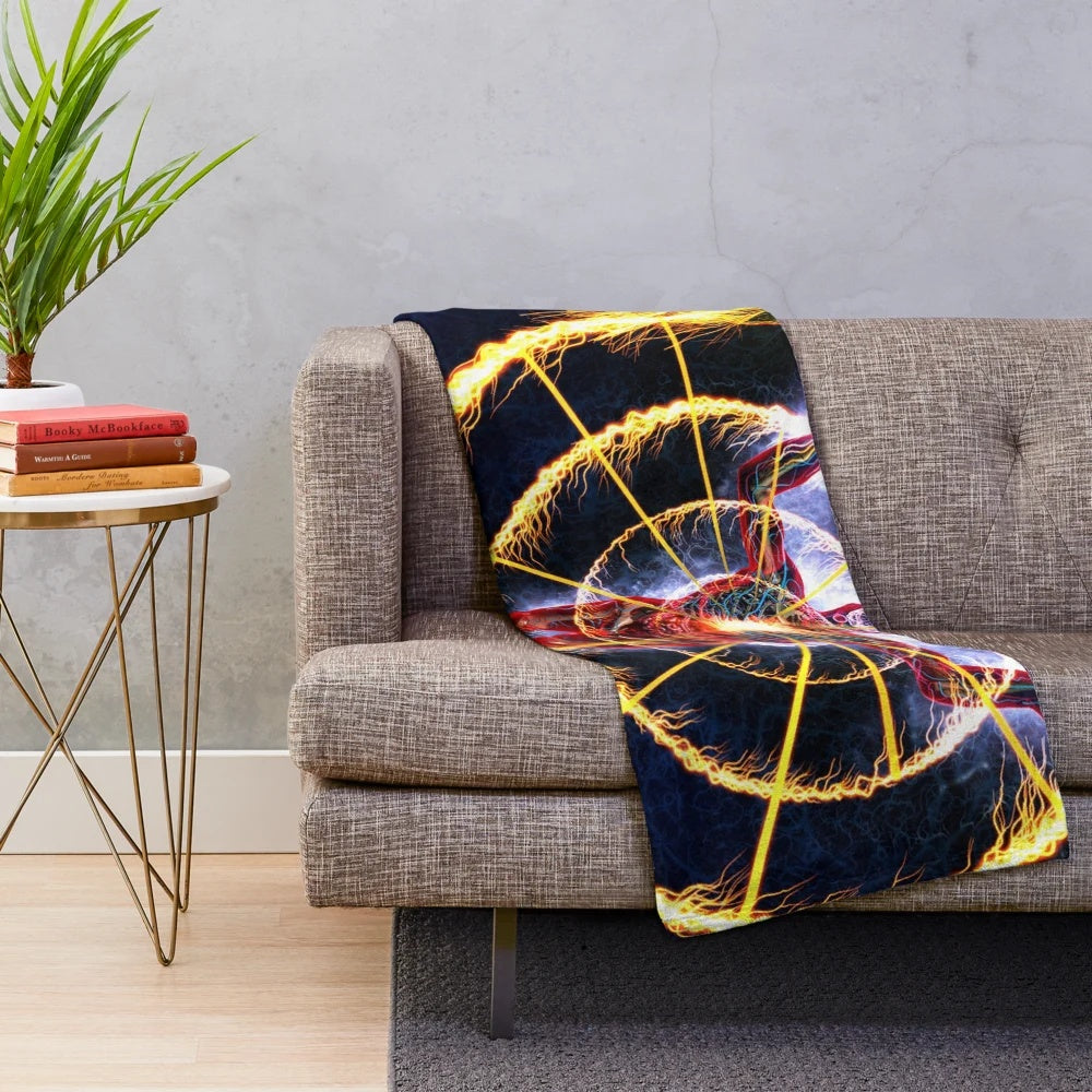 Psychedelic circle design plush blanket featuring Alex Grey-inspired cosmic aura imagery