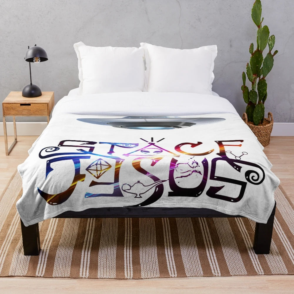 Vibrant and hypnotic psychedelic plush blanket with abstract cosmic and space-themed design
