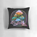 Vibrant, colorful pillow featuring a trippy, psychedelic mushroom garden design