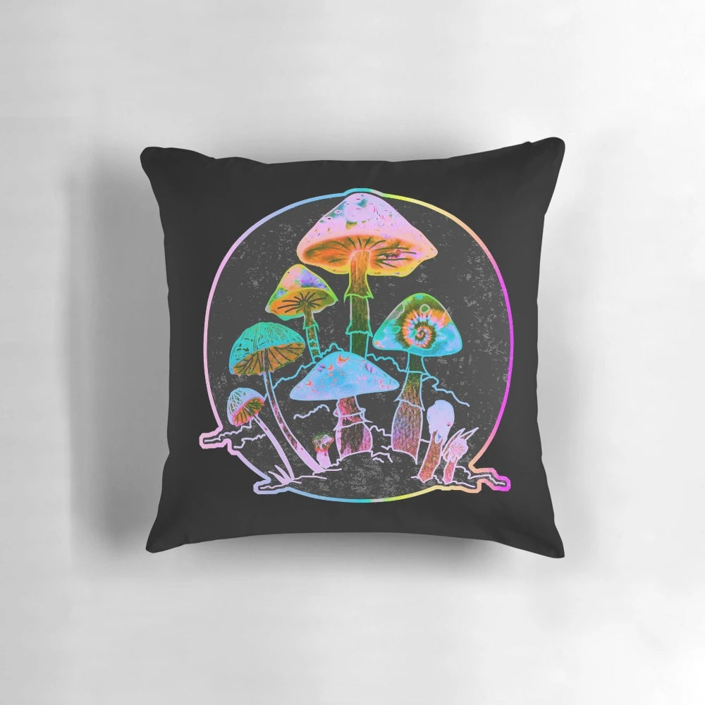 Vibrant, colorful pillow featuring a trippy, psychedelic mushroom garden design