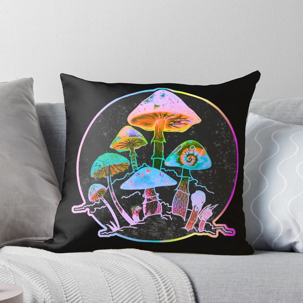 Vibrant, colorful pillow featuring a trippy, psychedelic mushroom garden design