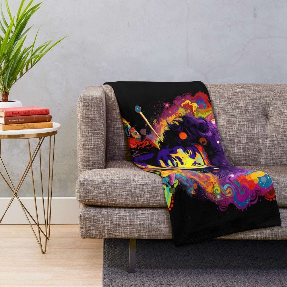 Psychedelic guitar inspired plush blanket with abstract, colorful design