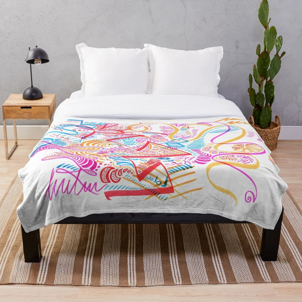 Synesthetic plush blanket with a trippy, psychedelic-inspired doodle design