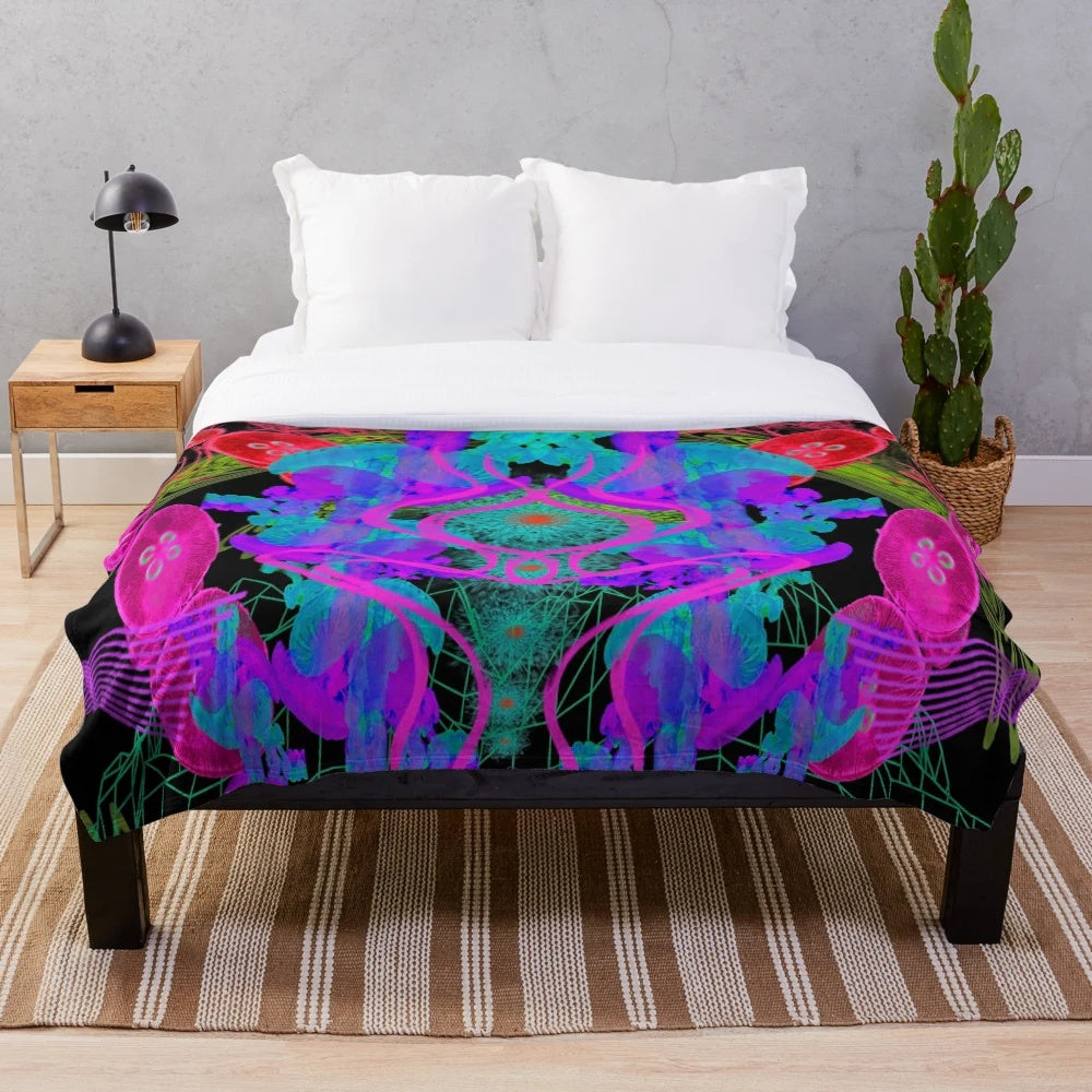 Psychedelic jellyfish-inspired plush blanket with blacklight reactive design