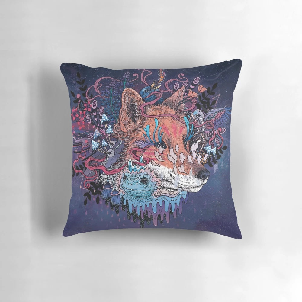Psychedelic, celestial-inspired pillow featuring a kitsune (fox) design against a space nebula backdrop