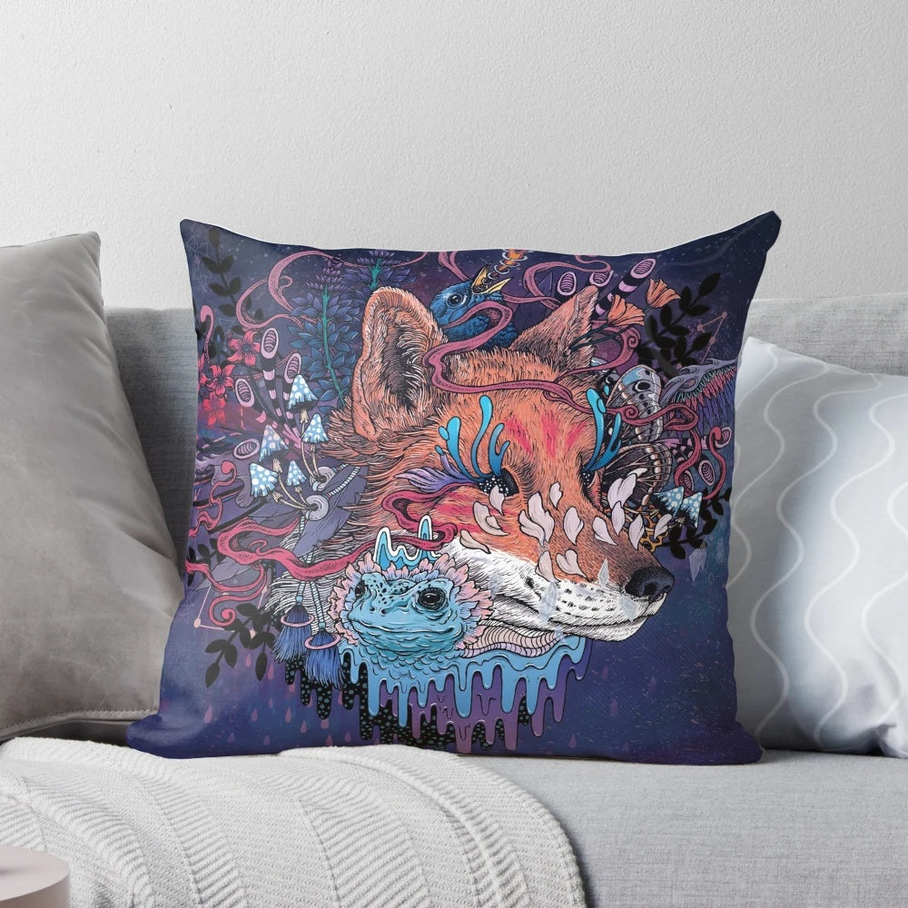 Psychedelic, celestial-inspired pillow featuring a kitsune (fox) design against a space nebula backdrop