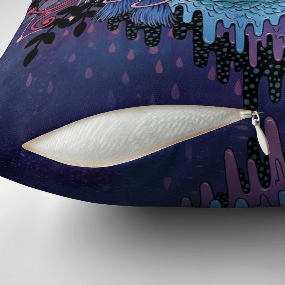 Psychedelic, celestial-inspired pillow featuring a kitsune (fox) design against a space nebula backdrop