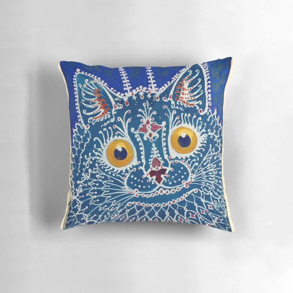 Vibrant psychedelic pillow featuring a cat painting by the renowned artist Louis Wain, known for his depictions of cats with mental illness.