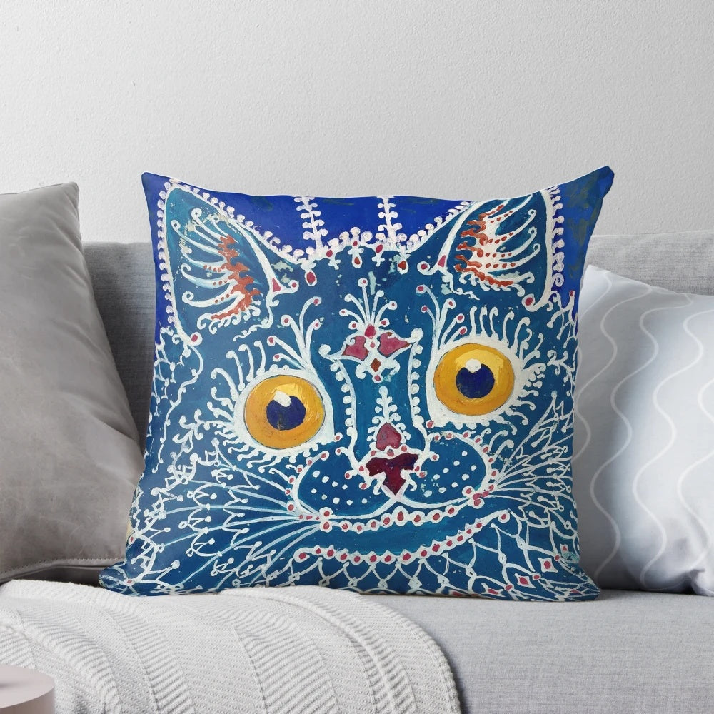 Vibrant psychedelic pillow featuring a cat painting by the renowned artist Louis Wain, known for his depictions of cats with mental illness.