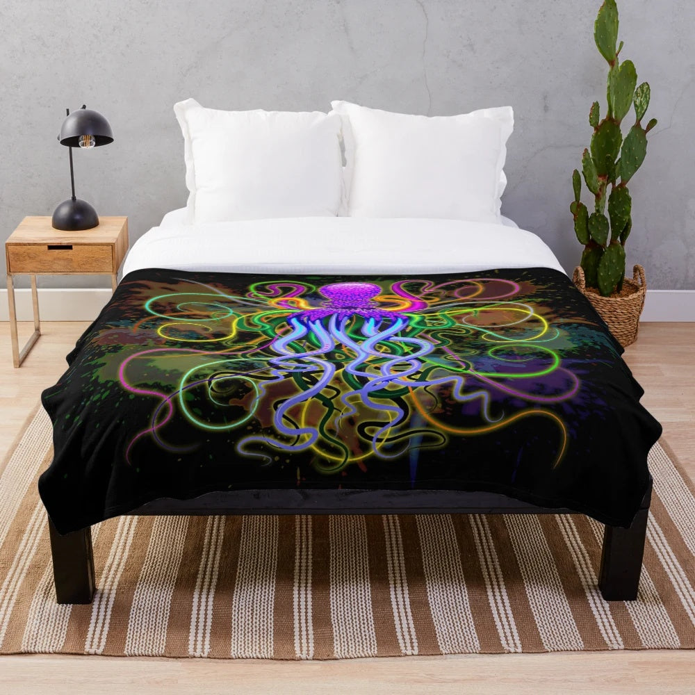 Psychedelic octopus plush blanket featuring a luminescent, colorful cephalopod design