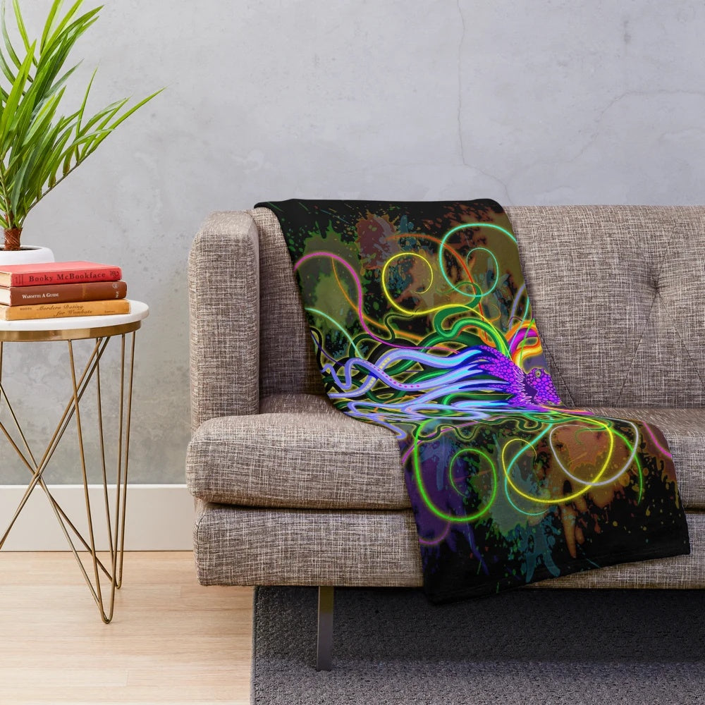 Psychedelic octopus plush blanket featuring a luminescent, colorful cephalopod design