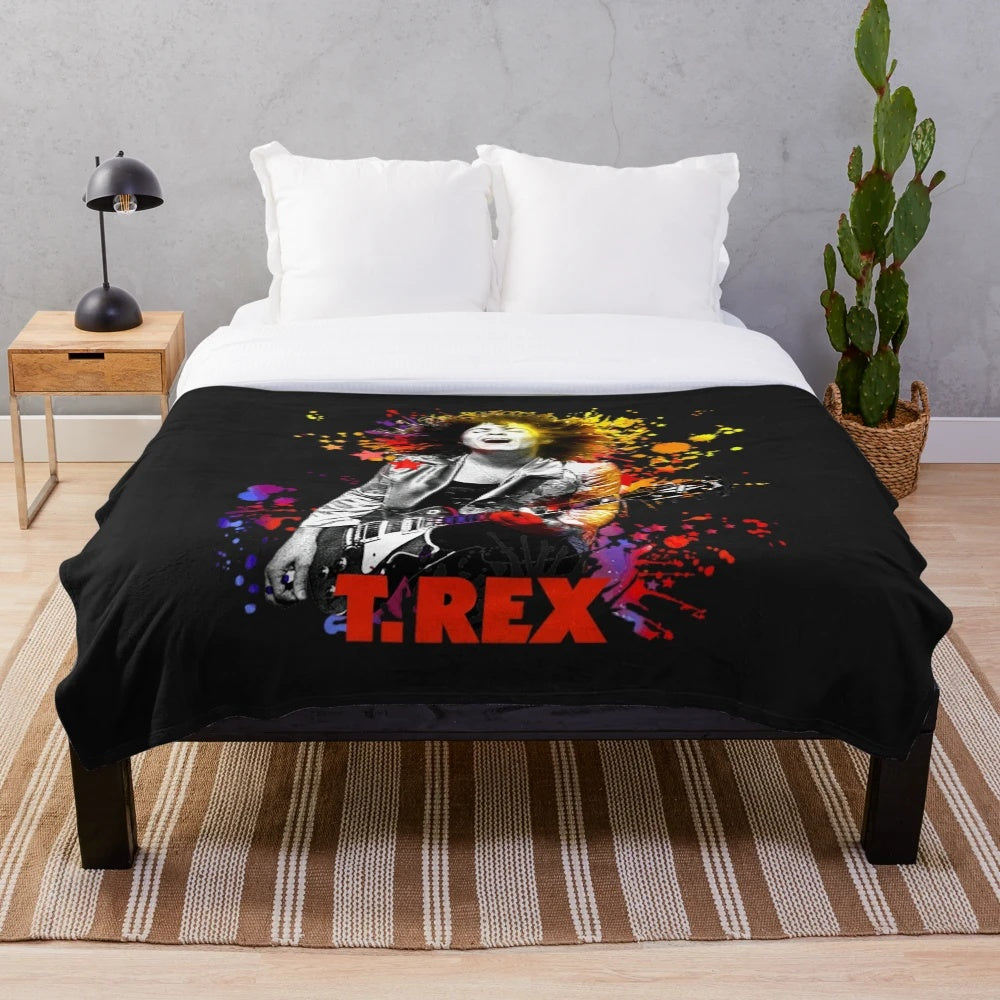 Vibrant paint splatter plush blanket featuring the iconic T. Rex frontman Marc Bolan