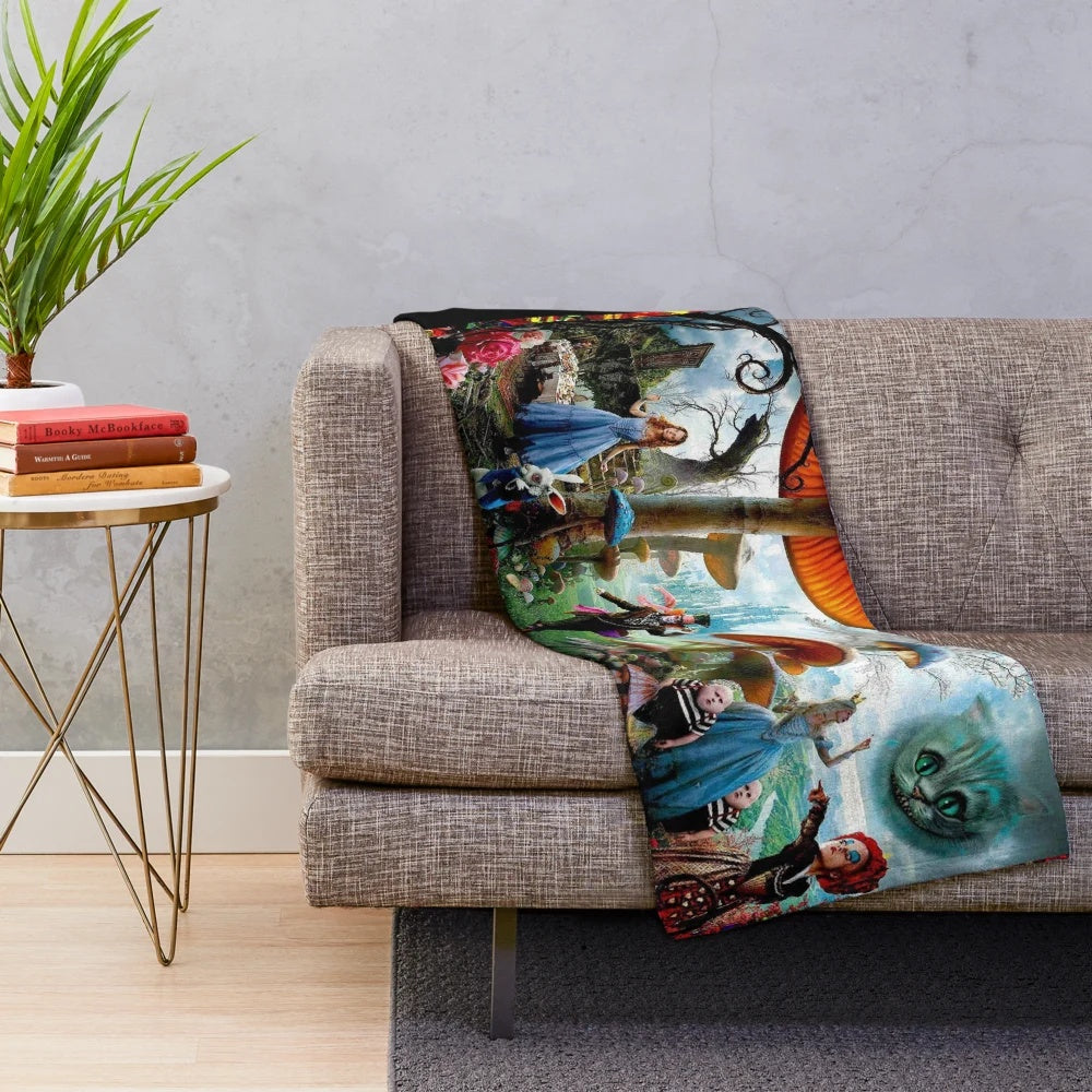 Vibrant and whimsical Alice in Wonderland-inspired plush blanket with a modern art collage design