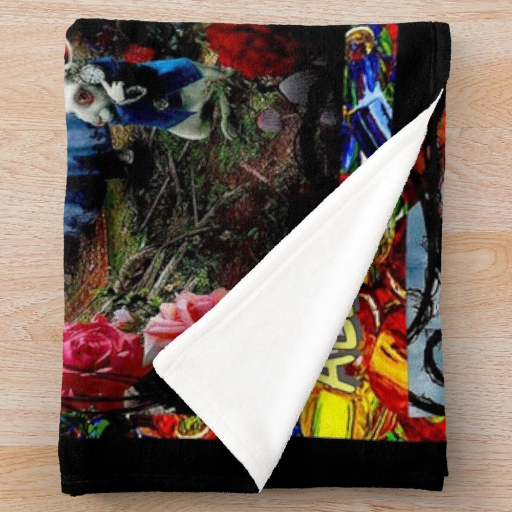 Vibrant and whimsical Alice in Wonderland-inspired plush blanket with a modern art collage design