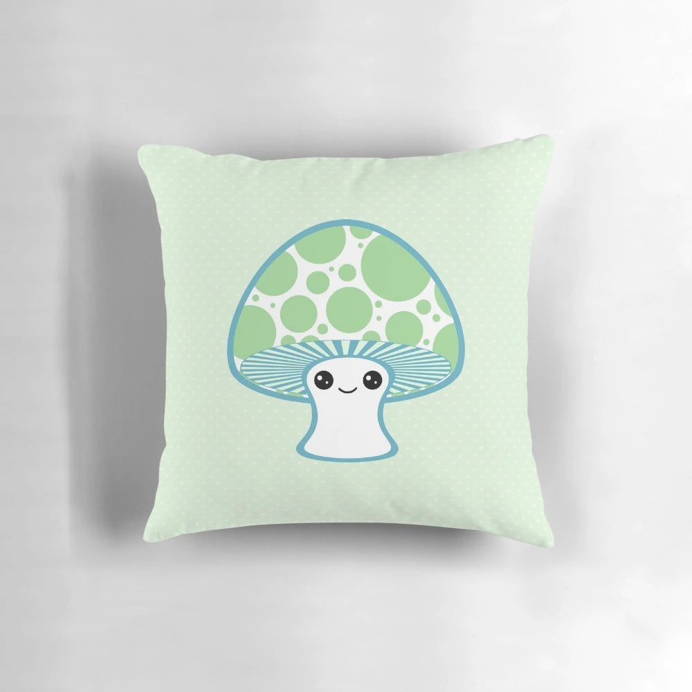 Whimsical green polka dotted mushroom-shaped pillow for kids' room