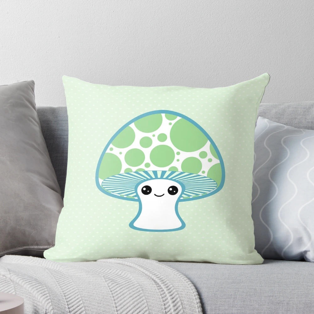 Whimsical green polka dotted mushroom-shaped pillow for kids' room